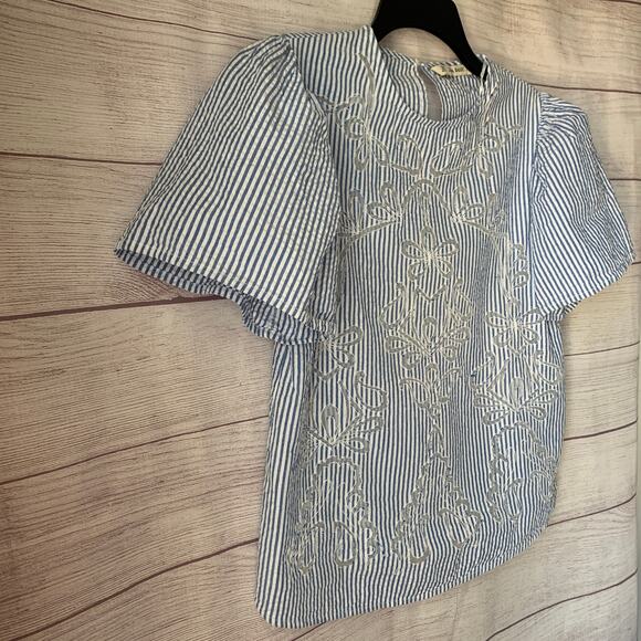 Zara Blue White Striped Blouse Sheer Floral Cutout Details Puff Sleeves Size S - Picture 15 of 16